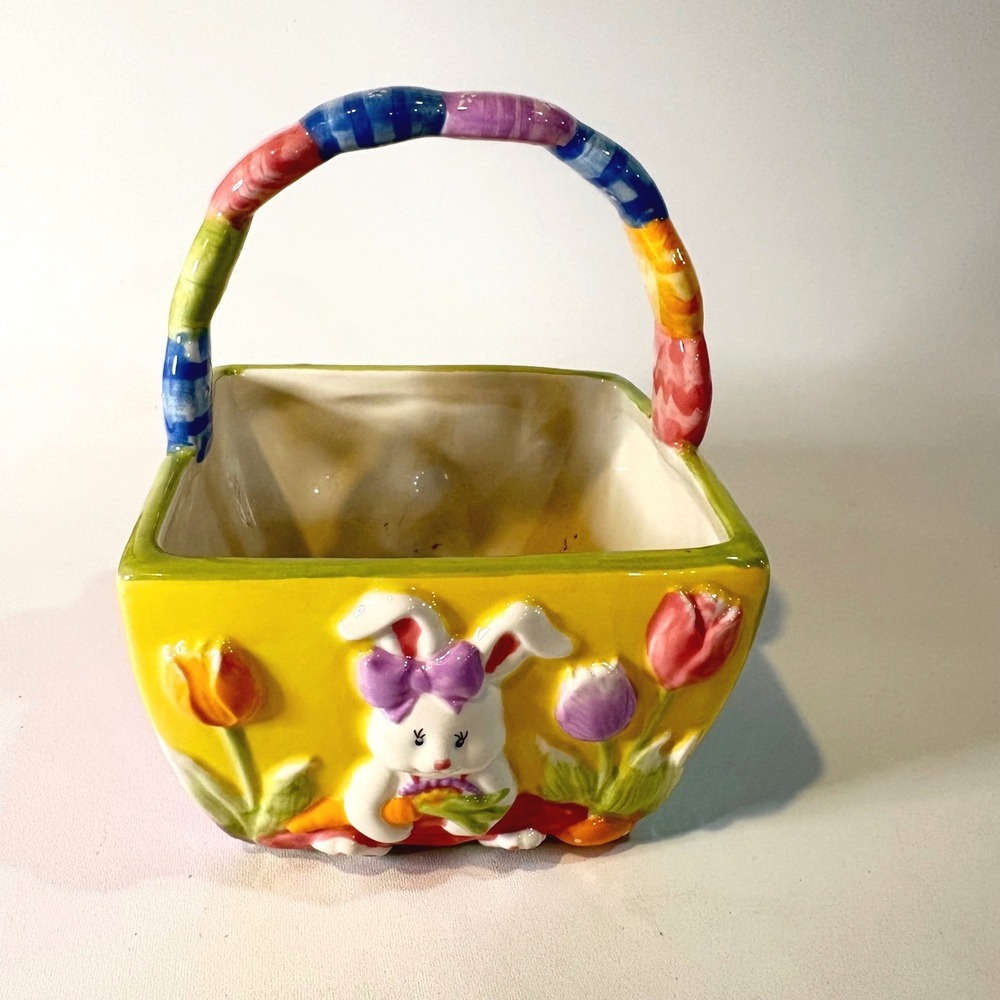 Ceramic Easter Bunny Basket Candy Dish Yellow Blue Tulip Relief 6.5"